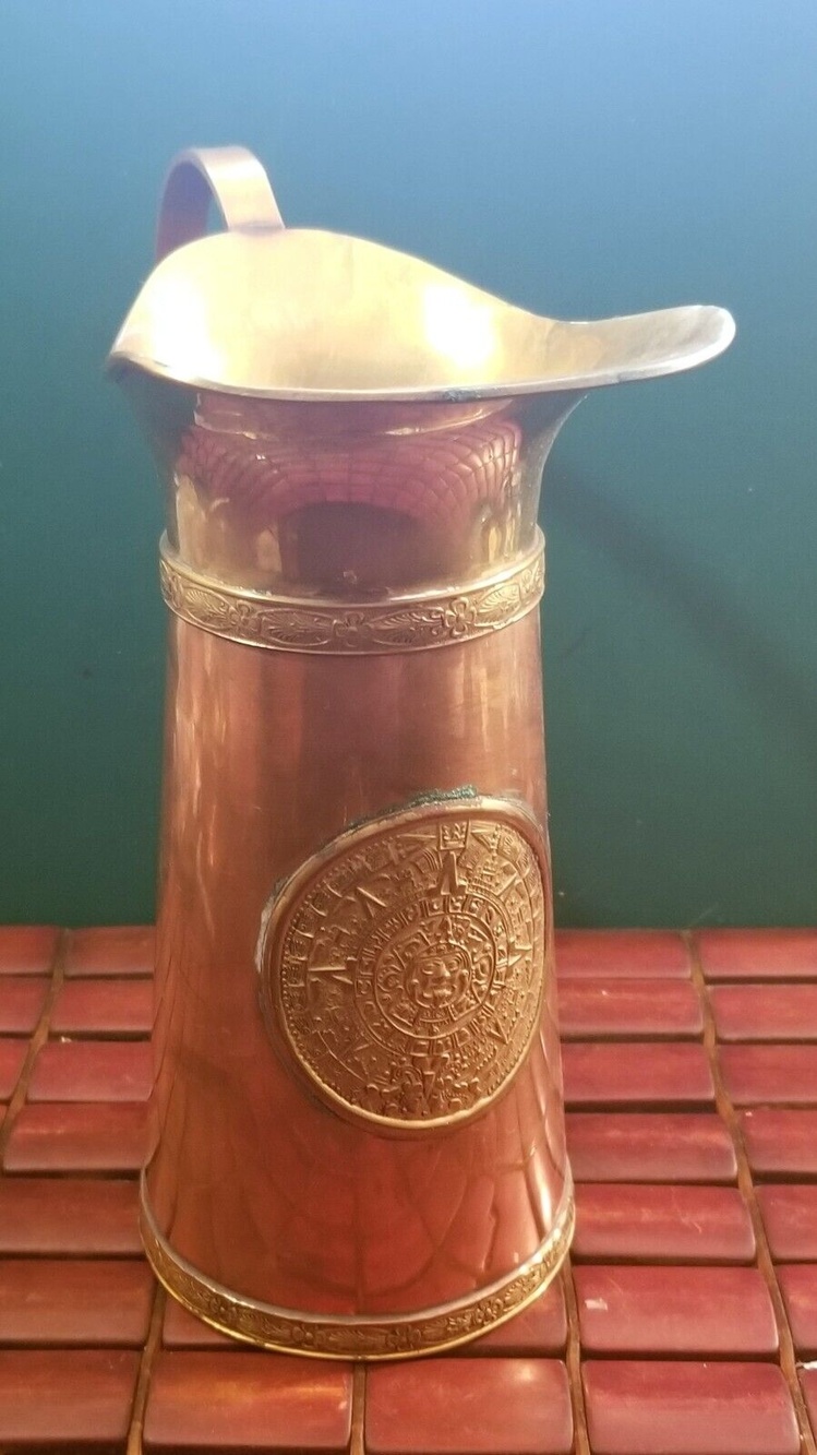 Vintage Copper & Brass Pitcher Aztec Mayan Calendar 9"x8.5"x4.25